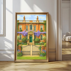 Framed painting of a grand building with a garden in a room with wooden floor and white walls.