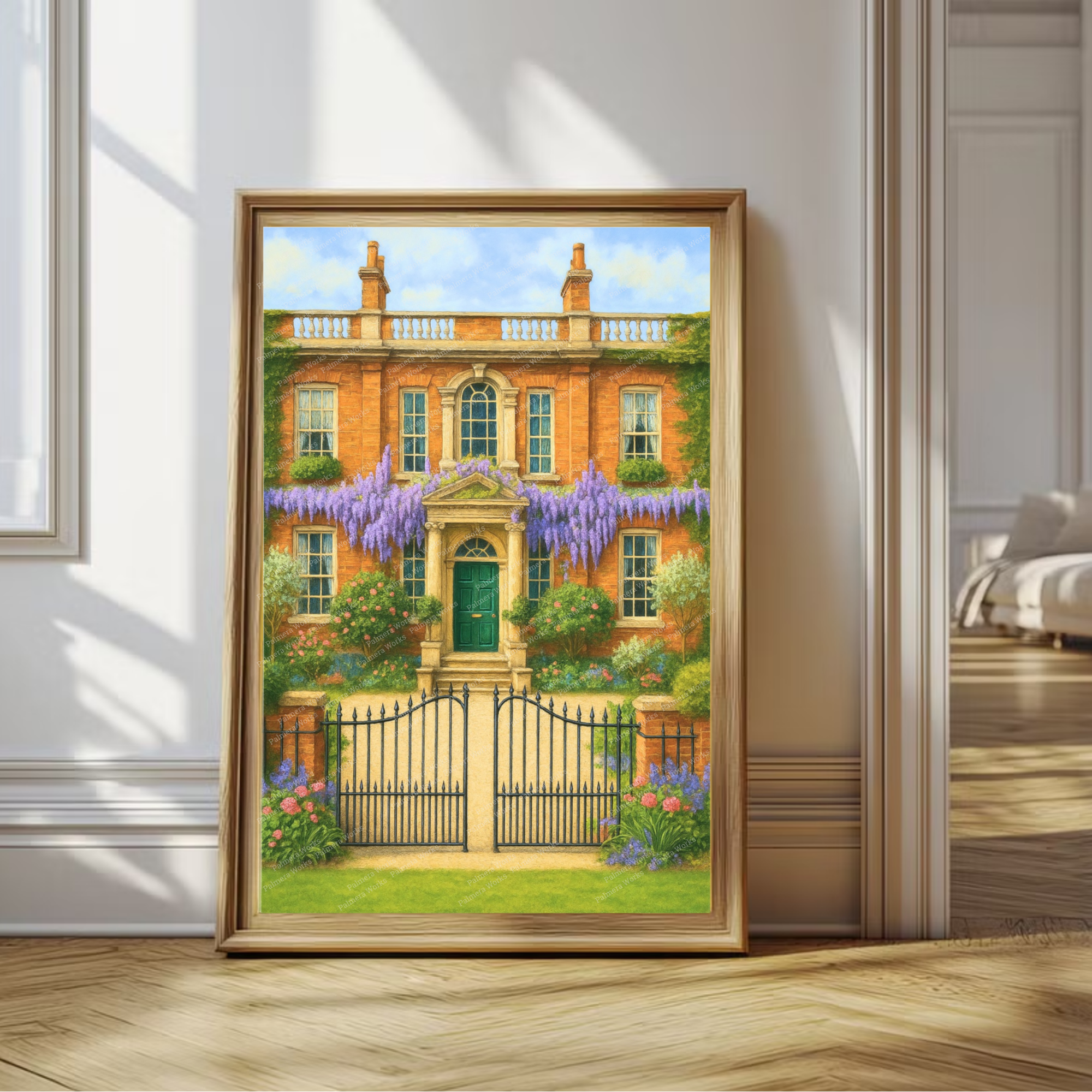 Framed painting of a grand building with a garden in a room with wooden floor and white walls.